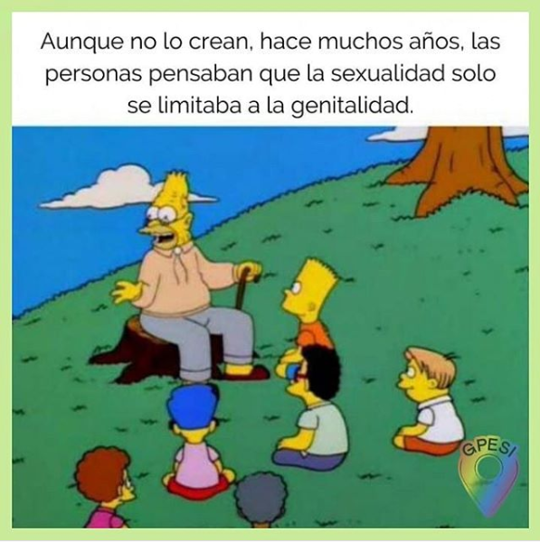 Abuelo simpson le habla a niñes y les dice "aunque no lo crean hace muchos años las personas pensaban que la sexualidad solo se limitaba a la genitalidad"